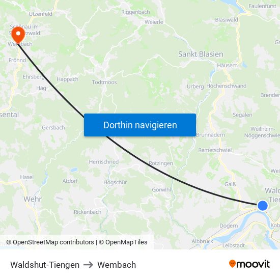 Waldshut-Tiengen to Wembach map