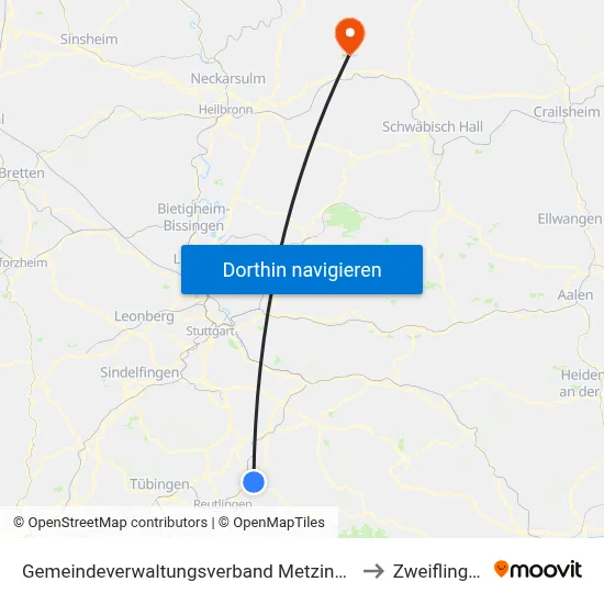 Gemeindeverwaltungsverband Metzingen to Zweiflingen map
