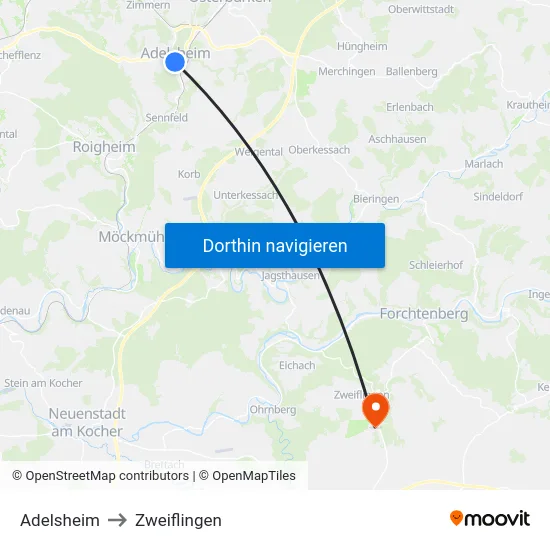 Adelsheim to Zweiflingen map