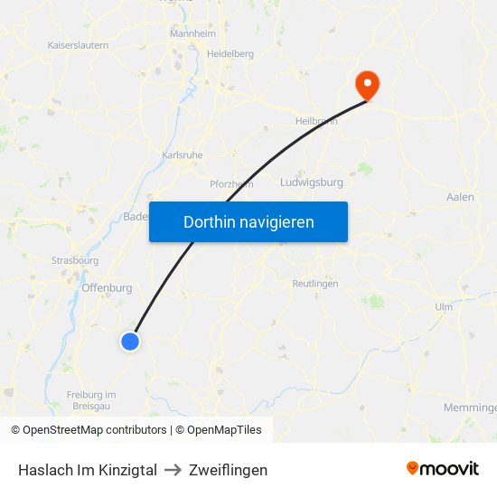 Haslach Im Kinzigtal to Zweiflingen map