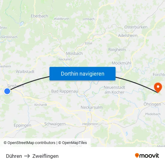 Dühren to Zweiflingen map