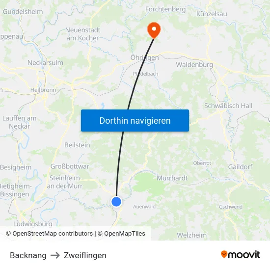 Backnang to Zweiflingen map