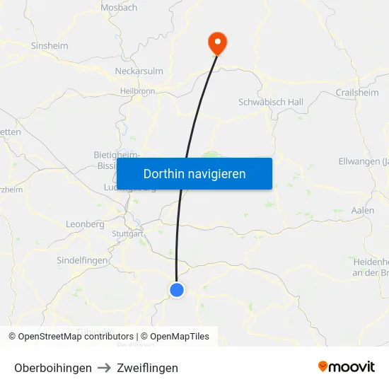 Oberboihingen to Zweiflingen map