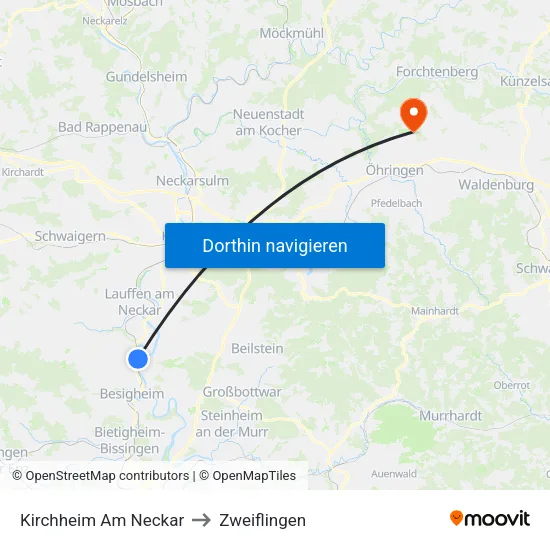 Kirchheim Am Neckar to Zweiflingen map