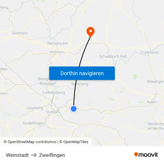 Weinstadt to Zweiflingen map