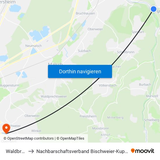 Waldbronn to Nachbarschaftsverband Bischweier-Kuppenheim map