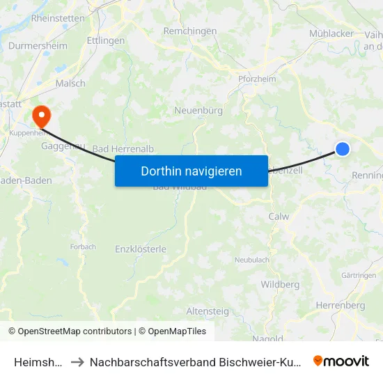 Heimsheim to Nachbarschaftsverband Bischweier-Kuppenheim map