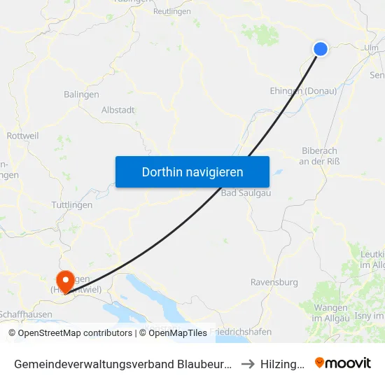 Gemeindeverwaltungsverband Blaubeuren to Hilzingen map