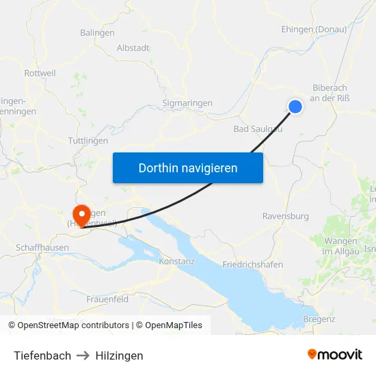 Tiefenbach to Hilzingen map