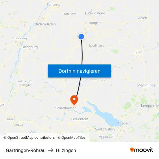 Gärtringen-Rohrau to Hilzingen map