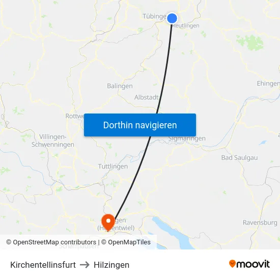 Kirchentellinsfurt to Hilzingen map