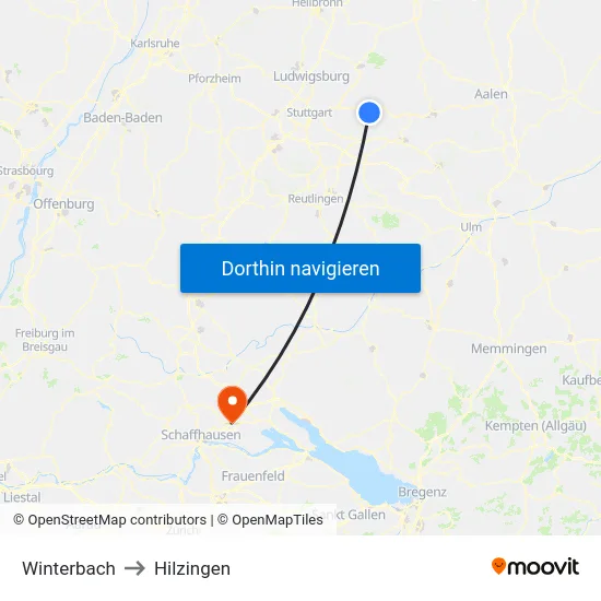 Winterbach to Hilzingen map