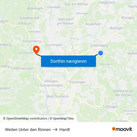 Weilen Unter den Rinnen to Hardt map