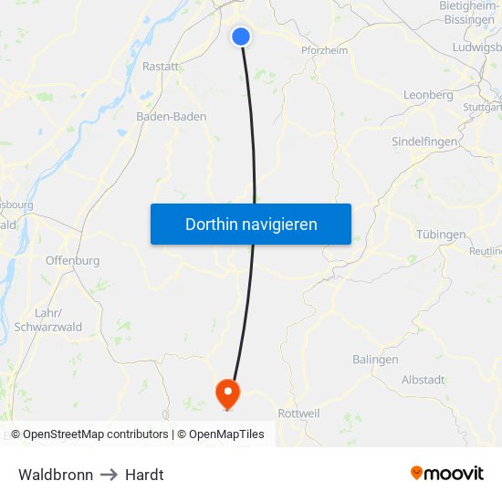 Waldbronn to Hardt map