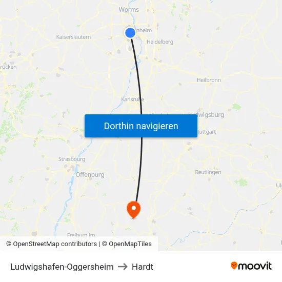 Ludwigshafen-Oggersheim to Hardt map