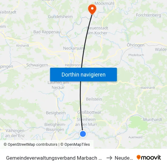 Gemeindeverwaltungsverband Marbach am Neckar to Neudenau map