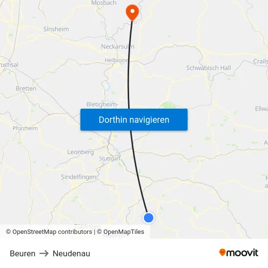 Beuren to Neudenau map
