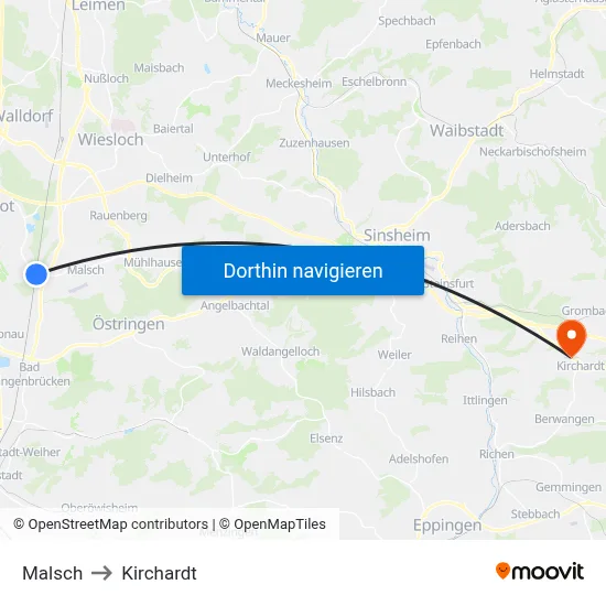 Malsch to Kirchardt map
