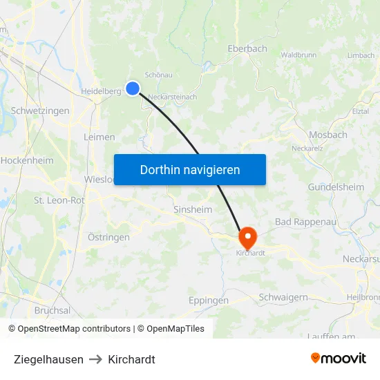 Ziegelhausen to Kirchardt map