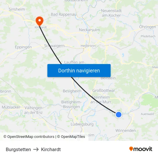 Burgstetten to Kirchardt map