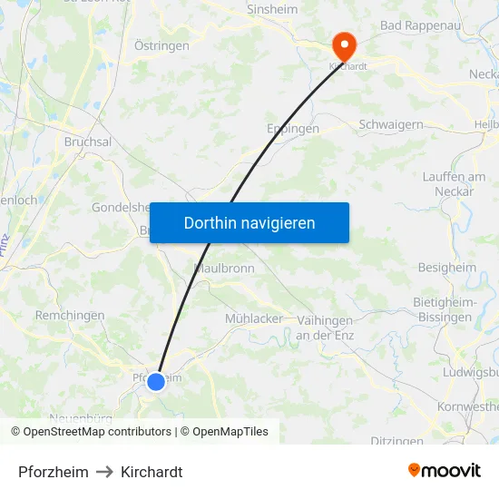 Pforzheim to Kirchardt map