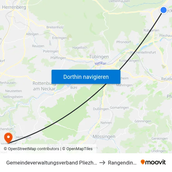 Gemeindeverwaltungsverband Pliezhausen to Rangendingen map