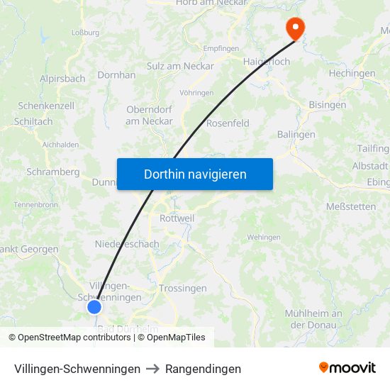 Villingen-Schwenningen to Rangendingen map