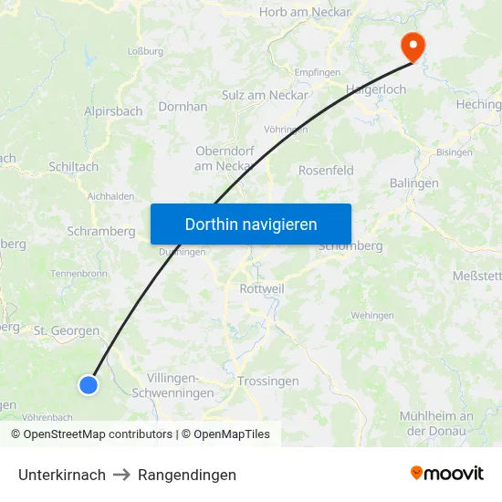 Unterkirnach to Rangendingen map