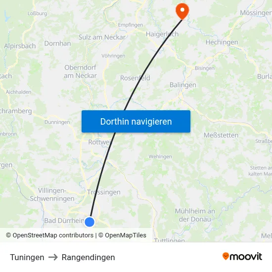 Tuningen to Rangendingen map