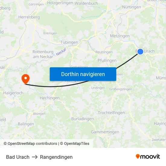 Bad Urach to Rangendingen map