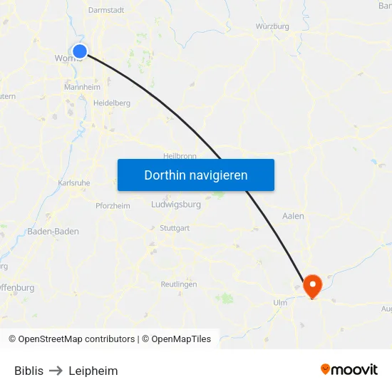 Biblis to Leipheim map