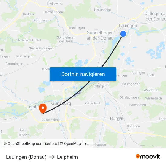 Lauingen (Donau) to Leipheim map