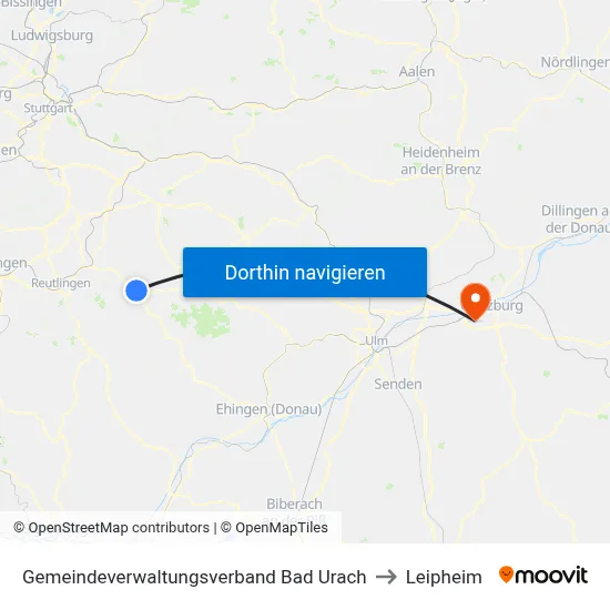 Gemeindeverwaltungsverband Bad Urach to Leipheim map