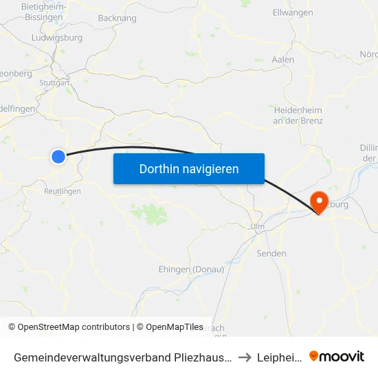 Gemeindeverwaltungsverband Pliezhausen to Leipheim map
