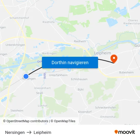 Nersingen to Leipheim map