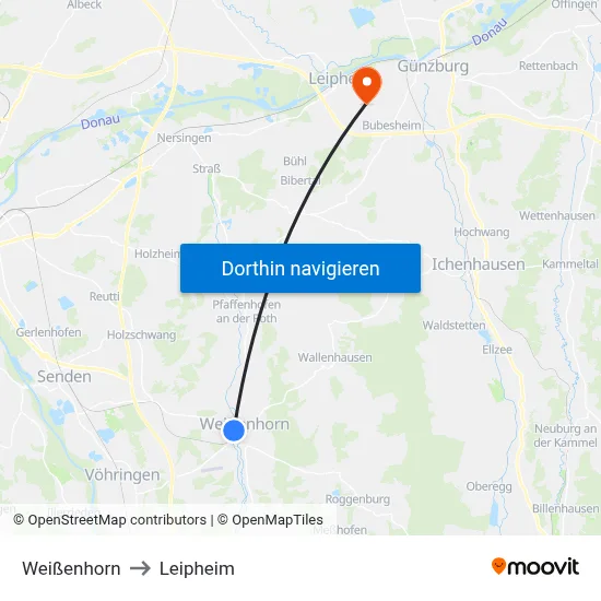 Weißenhorn to Leipheim map