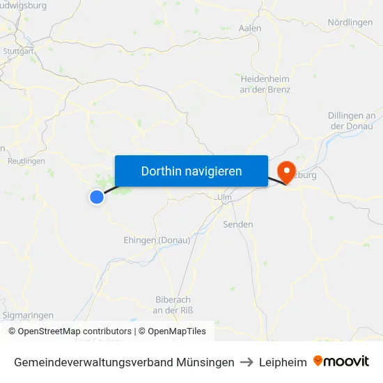 Gemeindeverwaltungsverband Münsingen to Leipheim map