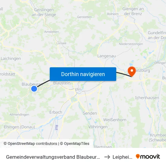 Gemeindeverwaltungsverband Blaubeuren to Leipheim map
