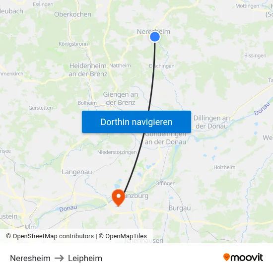 Neresheim to Leipheim map