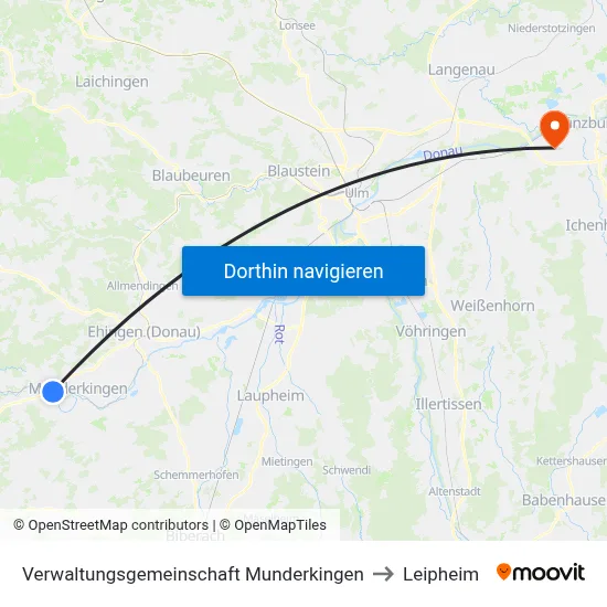 Verwaltungsgemeinschaft Munderkingen to Leipheim map