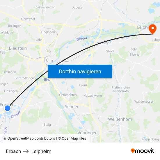 Erbach to Leipheim map
