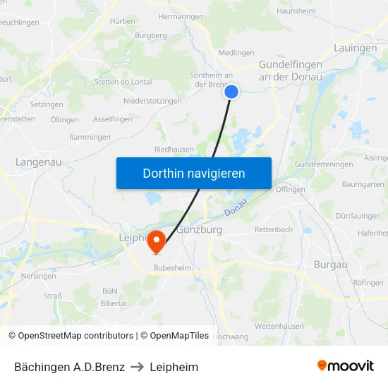 Bächingen A.D.Brenz to Leipheim map