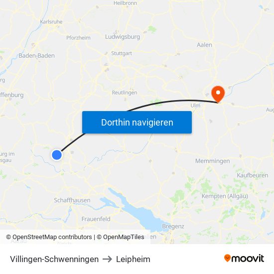 Villingen-Schwenningen to Leipheim map