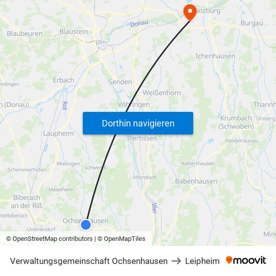 Verwaltungsgemeinschaft Ochsenhausen to Leipheim map
