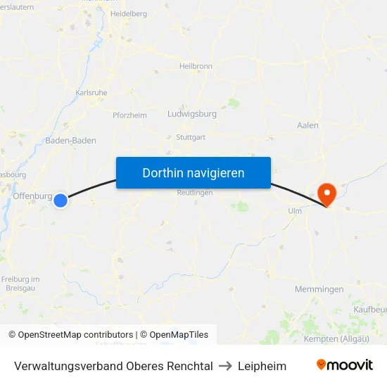 Verwaltungsverband Oberes Renchtal to Leipheim map