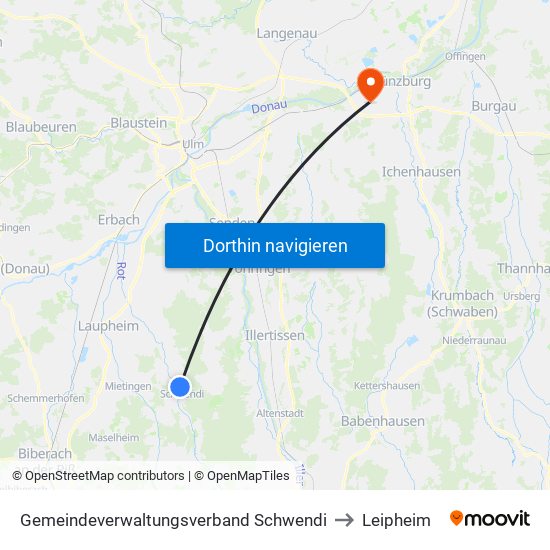 Gemeindeverwaltungsverband Schwendi to Leipheim map