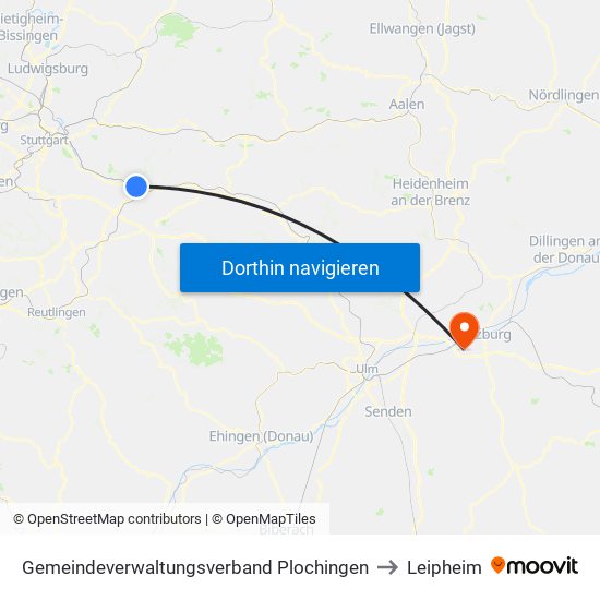 Gemeindeverwaltungsverband Plochingen to Leipheim map