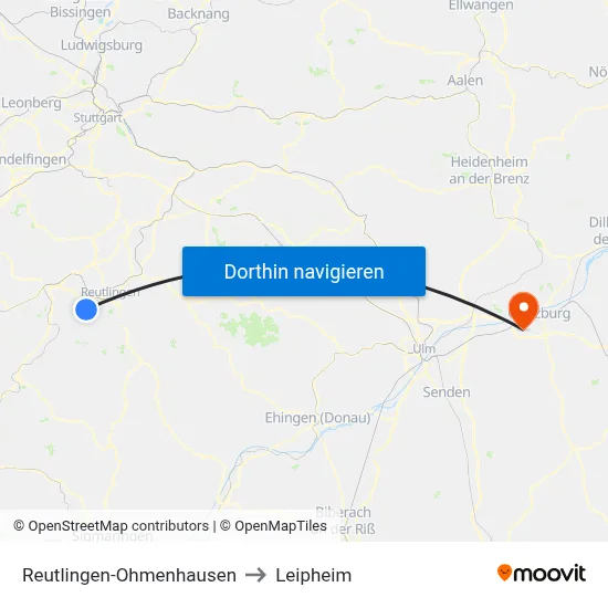 Reutlingen-Ohmenhausen to Leipheim map