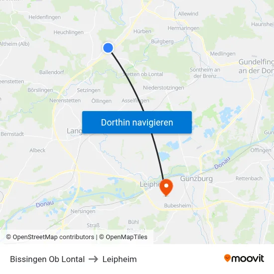 Bissingen Ob Lontal to Leipheim map