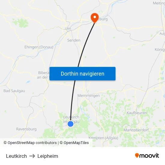 Leutkirch to Leipheim map